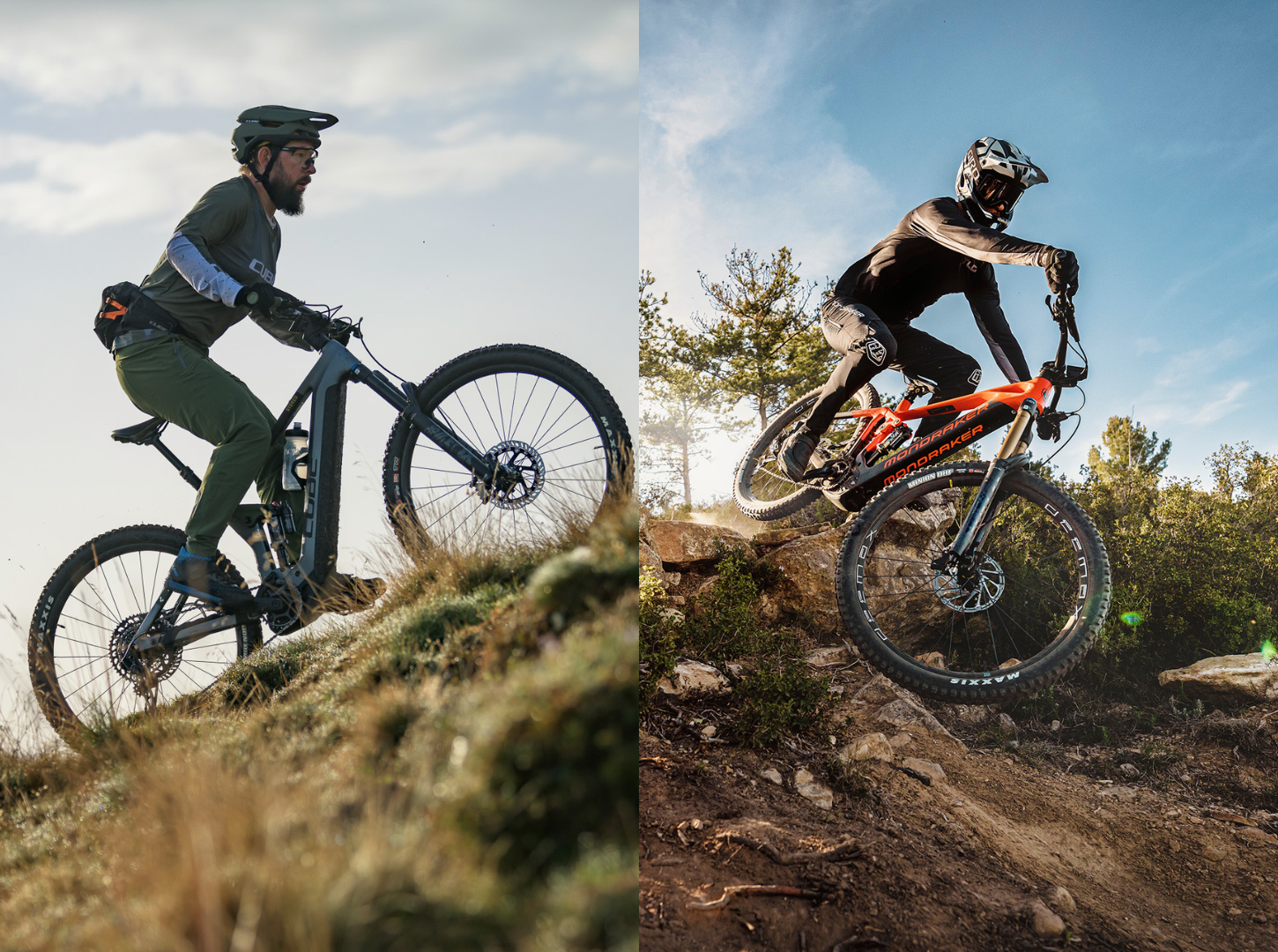 Links ein EMountainbiker beim Uphill mit Halbschalenhelm und rechts ein Enduro EMTB Fully zum Downhill fahren mit Fullface Helm