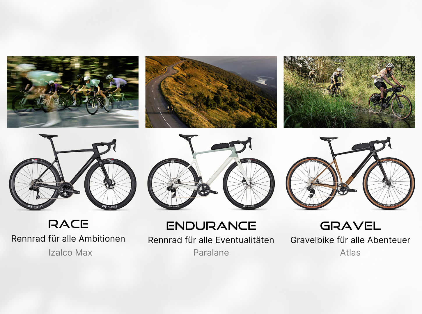 Focus Rennräder Race Endurance Gravel Produktfotos in Kombination mit Lifestyle Foto Izalco Max Paralane Atlas