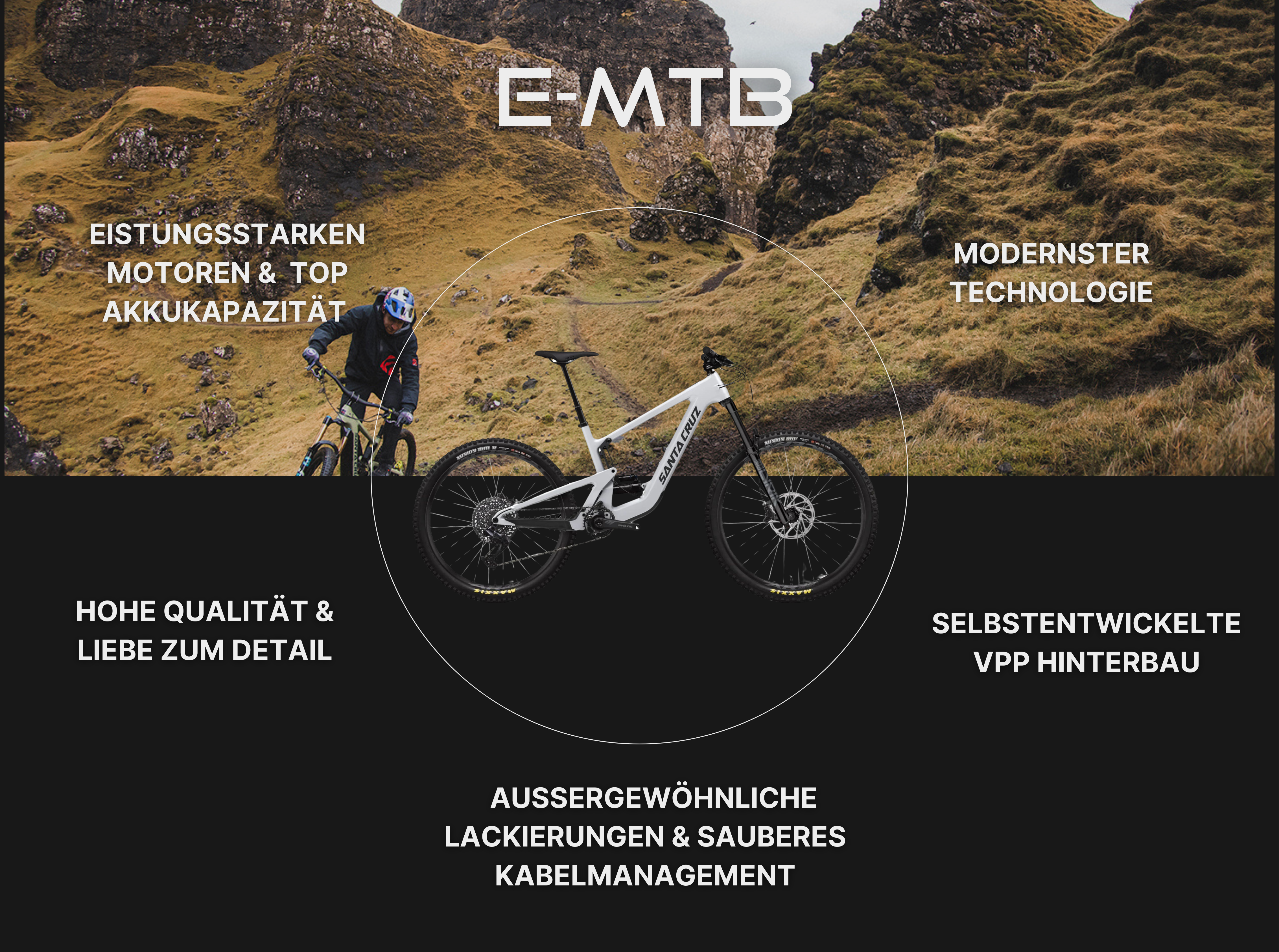 Santa Cruz Emountainbikes Actionshot mit Produktfoto und Merkmale