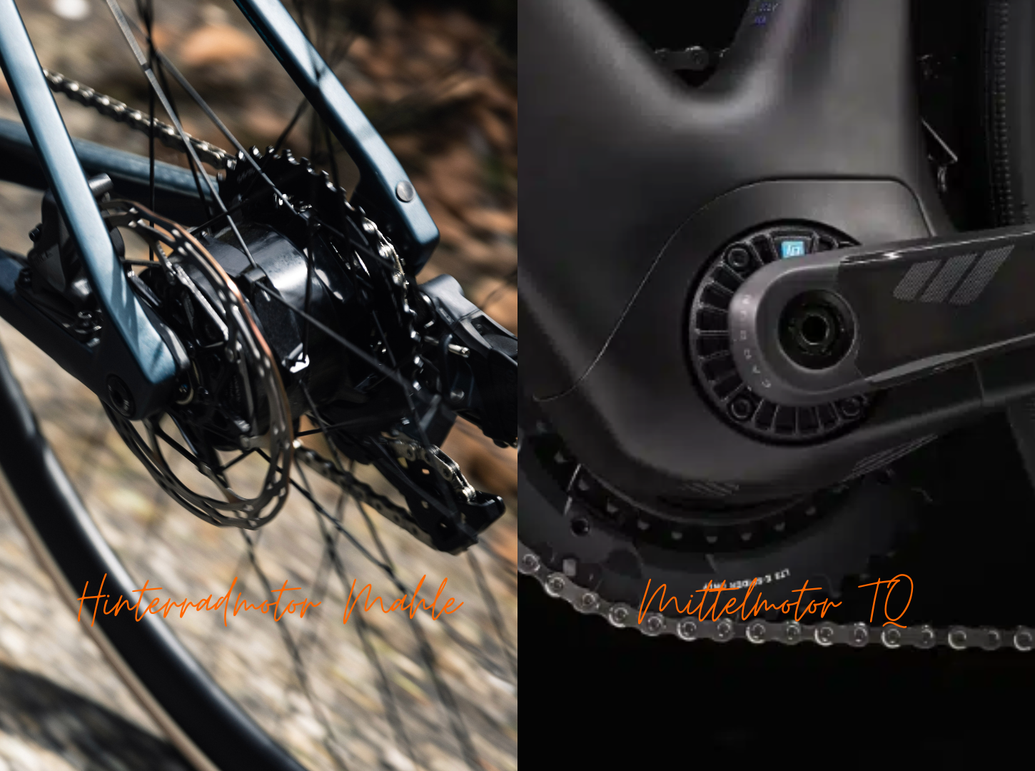 Zwei Detailfotos von ERennrad Motoren links Hinterradmotor Mahle rechts Mittelmotor TQ